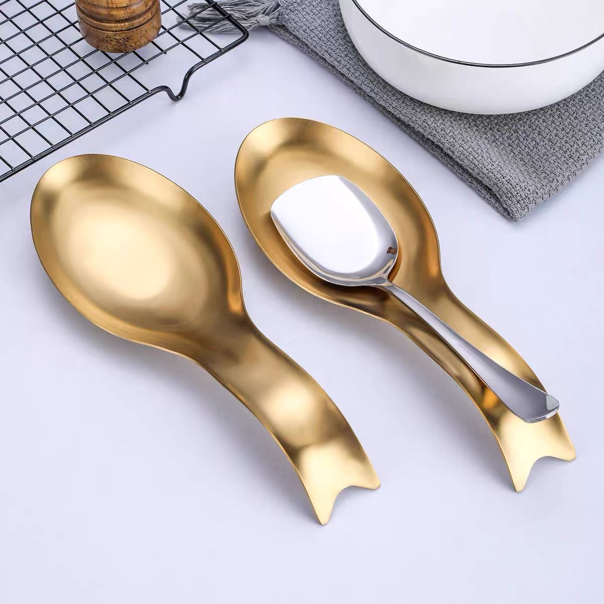 Food Storage For Restaurant - Roestvrijstalen dienblad met goudkleurige buffetvoedselclip, lepelhouder,