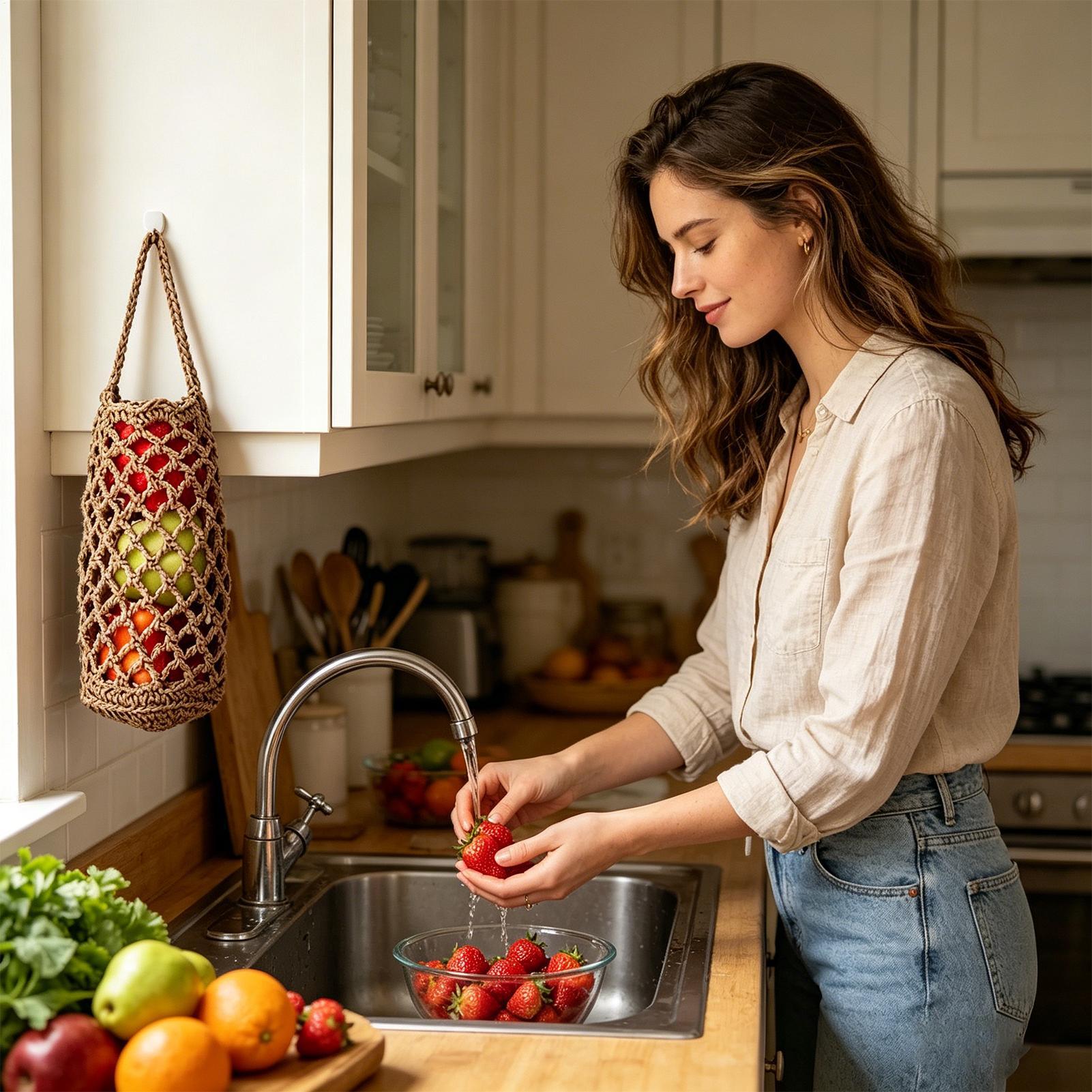Produce Bag Reusable Mesh - Boho handgeweven groentenopbergzak, herbruikbare katoenen mesh